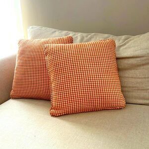 2 Houndstooth Throw Pillows with zipper covers - Orange and White
